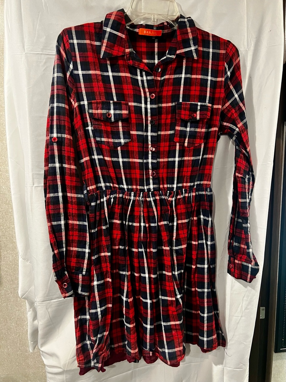 Banjul Red Navy Plaid Button-Front Shirt Dress